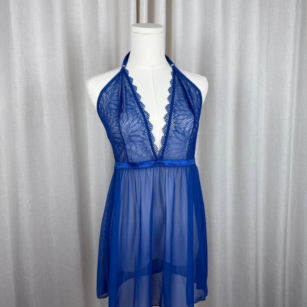 Fredericks of Hollywood Blue Lace Halter Sheer Babydoll Lingerie Dress XL